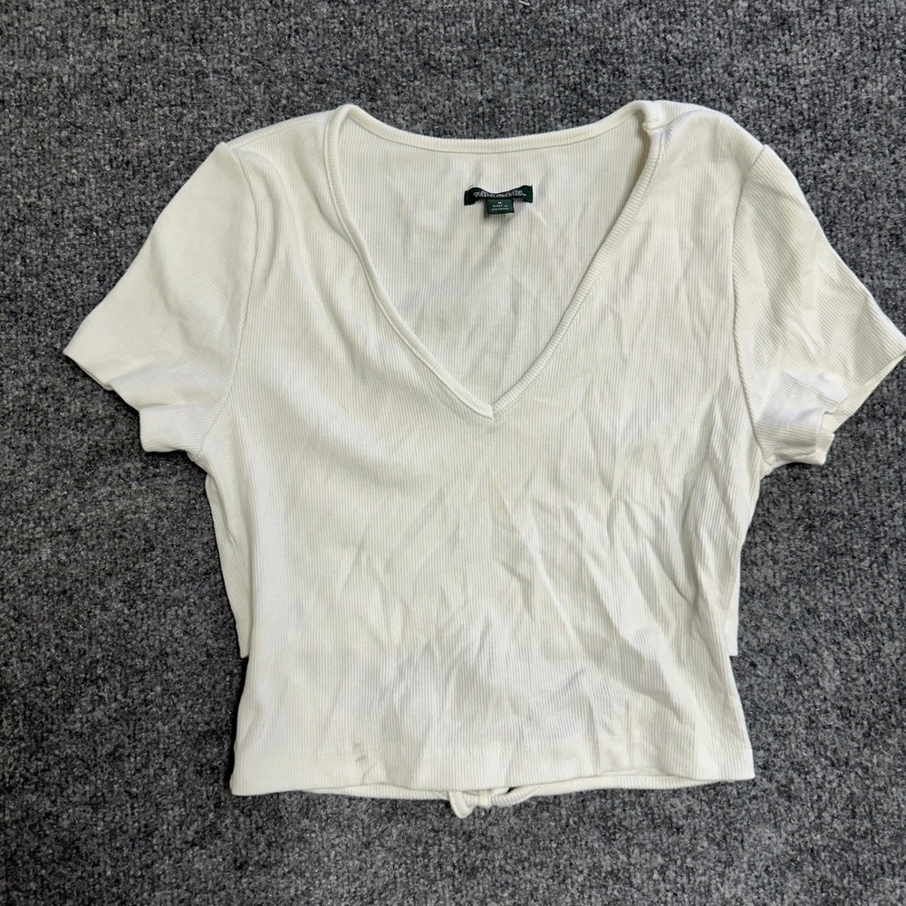 Wild Fable Crop Top Womens M White Ribbed V-Neck Tie Front Short Sleeve Shirt